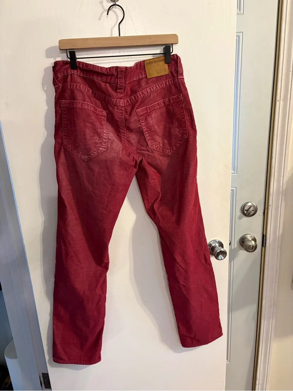 True Religion Men's Slim Straight Corduroy Jeans in Burgundy